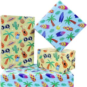 Geluode Summer Wrapping Paper, Hawaii Tropical Themed Wrapping Paper for Aloha or Summer Vacation, Coconut Tree Cactus Surfbrett Wrap Papers, 4 Sheets In 2 Designs Folded Flat 20x28 Inches Per Sheet