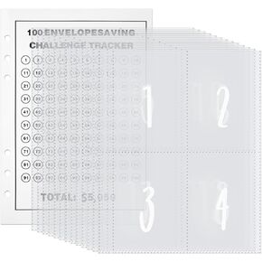 26 Sheets 100 Money Saving Challenge Inserts, A5 Money Saving Ring Binder Refills 1-100 Money Envelopes Pockets Cash Pouches Stuffing for Replacement Budget Planning