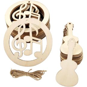 32 Pack Wood Music Note & Guitar Cutouts Music Themed Hanging Ornaments Unfinished Music Decoration Craft Gift Tags for Home Party Decoration Craft Project