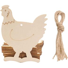 JANOU 20pcs Hen Shaped Wood DIY Craft Cutouts Chicken Unfinished Wood Tags Ornaments with Ropes for Wedding Birthday Happy Easter Party Decoration, 3.1x2.5 in