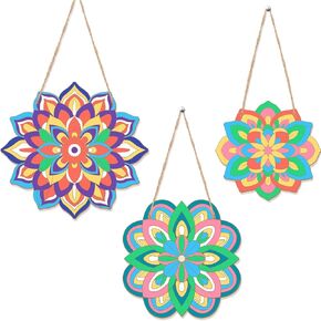 Gerrii 3 Pieces Wooden Mandala Painting Kit Mandala Wall Decor Hanging Wood Mandala to Color Art Set with 12 Markers Hanging Decor for Living Room Bedroom Office Kitchen Wall Decoration, 3 Sizes