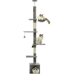 NEGTTE Cat Tower Floor to Ceiling cat Tree with Adjustable Height, 5 Level Cat Climbing Tower with Cozy Hammock, Platforms and Dangling Balls for Indoor Cats