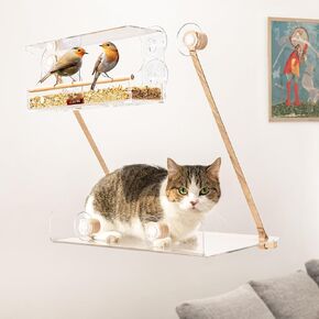 Acrylic Transparent Cat Window Set- Modern Style with Wood & Leather Straps | for Large Indoor Cats & Kittens| Washable & Easy-Cleaning Cat Bed & Hammock | Cat Funiture, Accessories & Gifts