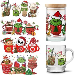 4 Sheets Pink Green Christmas UV DTF Cup Wraps for 16 OZ, Cute Waterproof Transfer Stickers for Glass Xmas UV DTF Decals Winter Rub on Transfers for Crafts Tumblers Furniture Wood DIY Crafts