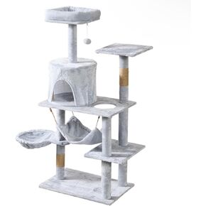 SKORQY 51-Inch Multi-Level Cat Tower for Indoor Cats - Plush Cat Condo with 2 Scratching Posts, 2 Perches, Cozy Cave, Hammock, and Interactive Pompom