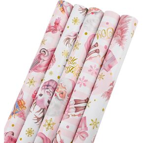KIMOBER 5 Rolls Christmas Wrapping Paper,Pink Paper with Retro Xmas Elements and Cut Lines on Reverse(17in × 118in Per Roll,Pink Style)