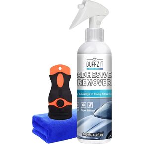 Adhesive Remover, Car Sticker Remover Spray Set of | 1x Plastic Razor Blade Scraper | 1x Towel | Rapidly Removes Adhesive Remains Stickers Labels Decals Tape Residue For Cars, Windows, 3.4oz/ 100ml