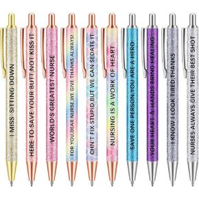 Nuanchu 10 Pieces Funny Nurse Glitter Pen Set, Nurses Appreciation Gifts Snarky Spoof Ballpoint Pen Swear Pens with 1.0mm Black Ink, Teacher Gifts Pen for Women Nurse Office Coworkers