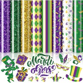 Whaline 8 Sheet Mardi Gras Heat Transfer Vinyl Glitter Purple Green Gold HTV Masquerade Mask Fleur-De-Lis Prints Iron on Vinyl Carnival Adhesive Craft Vinyl for DIY Fabric Bag Craft, 9.6 x 11.8 Inch