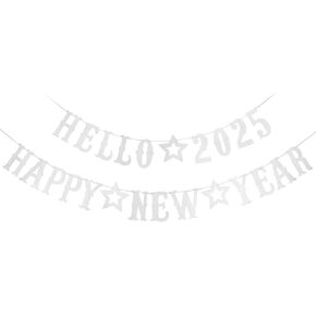 Silver Hello 2025 Happy New Year Banner 2025 New Years Banner, Nye Banner 2025 New Year Eve Banner 2025 for Happy New Year Party Decorations 2025, New Years Eve Party Supplies 2025