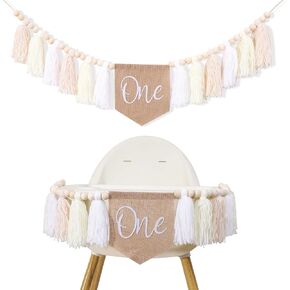 1st Birthday High Chair Tassel Banner - Girls First Birthday Party Decorations,One Tassel Garland For Girls Birthday,Baby Smash Cake Party Decor,Tassel Highchair Banner Photo Backdrop (White)