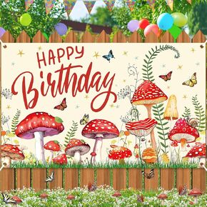 Mushroom Birthday Party Decorations, Mushroom Birthday Banner Backdrop Wildflower Mushroom Birthday Party Banner Photo Photography for Kids Birthday Party Fairy Forest Wonderland Party Supplies