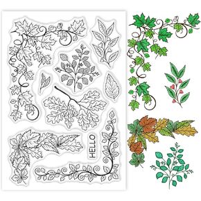 BENECREAT Vine Leaves Clear Stamps Leaf Pattern PVC Placstic Silicone Stamps with Word Hello for Envelope Making, Bookmark DIY Decorations, 6.3x4.3 inch