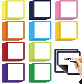 50pcs Magnetic Dry Erase Labels Stickers 4"x4" Magnetic Blank Cards with Pastel Color Border Dry Erase Magnets Reusable Magnetic Name Tags for Whiteboard Accessories Classroom Office Home Refrigerator