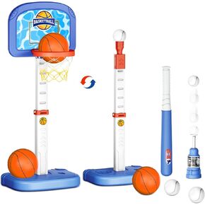 deAO 4-in-1 Kids Basketball Hoop and T Ball Set, Pool Basketball Hoop for Kids,Adjustable Height, Kids Baseball Tee with Automatic Pitching Machine, Sports Toys Gifts for Kids 3-5