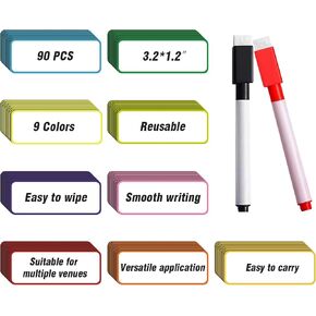 90 Pack Magnetic Name Tags -3.2x1.2Inch Dry Erase Magnetic Labels Reusable for Storage Cabinets Refrigerators Office Classroom Warehouse and Home Durable with 2 Dry Erase Pens