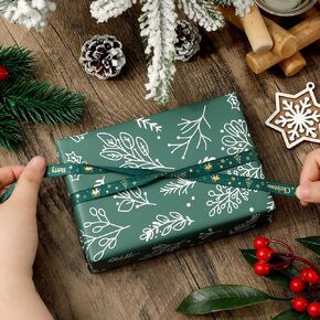 JarThenaAMCS Christmas Wrapping Paper -Mini Roll- 17 Inch x 32.8Ft Green White GreeneryGift Wrap Paper Plant Leaves Art Paper for Seasonal Holiday Crafts Gift Packing