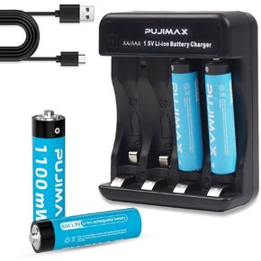 PUJIMAX Rechargeable Lithium AA Batteries with Charger, 1.5v AA Li-ion Rechargeable Battery of 3000mWh, 1500 Cycles, 1.5H Fast Charge, 8 Packs for Household & Office