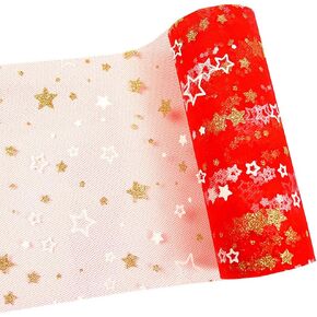 Gold Star Glitter Tulle Rolls 6 inch x 10 Yards (30 feet) White Color for Table Runner Chair Sash Bow Pet Tutu Skirt Sewing Crafting Fabric Wedding Unicorn Party Birthday Gift Ribbon (White)