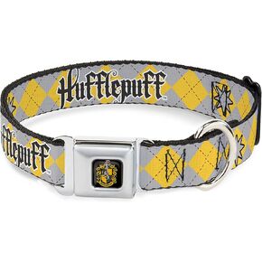 Warner Bros. Pet Collar, Dog Collar Metal Seatbelt Buckle, Harry Potter Hufflepuff Stars Argyle Plaid Gray Gold Browns, 11 to 16.5 Inches 1.0 Inch Wide