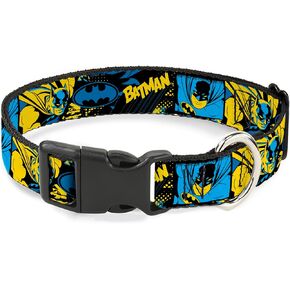 DC Comics Pet Collar, Dog Collar Plastic Buckle, Batman Poses and Logo Collage Black Blue Yellow, 15 to 24 Inches 1.0 Inch Wide