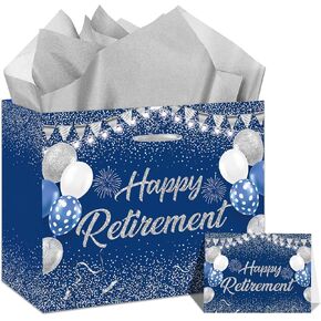 Blue Silver Retirement Gift Bag with Tissue Paper Set Large Happy Retirement Wrapping Gift Bag and Greeting Card for Men Women Office Coworker Farewell Going Away Party Favors Wrap Bags Supplies