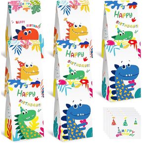 JOHOUSE 24PCS Dinosaur Party Favor Bags, Paper Gift Bags with Stickers Treat Bags Dinosaur Goodie Bags for Birthday Baby Shower