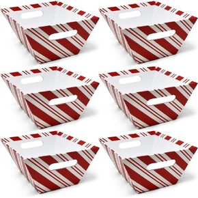 Gift Boutique 6 Pack Christmas Candy Cane Striped Gift Baskets 8" x 10" Rectangle Red & White Stripes Empty Gift Basket with Handles Cardboard Market Tray for Holiday Decorative Present Wrapping