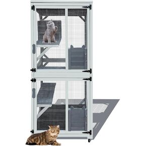 4 Tiers Wooden Catio Outdoor Cat Enclosure, Cat House on Wheels with Resting Box, 4 Platforms, 2 Sliding Doors & Weatherproof Asphalt Roof, Cat Kitty Condo Cage Shelter Playpen Gray