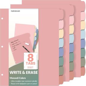 Forvencer 8-Tab Binder Dividers with Tabs, Big Tabs, Write&Erase Plastic Dividers for 3 Ring Binder, Binder Tabs for Organizers, 3 Ring Binder Dividers with Tabs for School Office Home Supplies