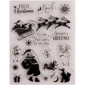 Merry Christmas Tis The Season Elk Santa Sleigh Snowflakes Gifts Christmas Decors Leaves Clear Stamps for Christmas Cards Making Decoration and Scrapbooking Rubber Stamps for Craft
