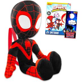 Marvel Spidey Plushie Bag Set - Bundle with 18" Miles Morales Shaped Spidey Plush Doll with Carrying Straps Plus Tattoos, and More | Spiderman Gifts