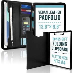 Premium Leather Portfolio Folder Set, Professional Padfolio for Women & Men, Textured Synthetic Leather, Zippered Business Binder, Clipboard, Legal Pad, A4 Notepad Holder,Interviews, Meetings