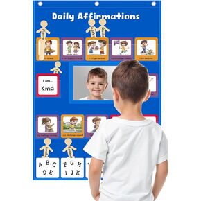 Daily Affirmations for Kids Classroom Pocket Chart with Mirror Large Pocket Chart for Classroom, Mindfulness Affirmation Mirror for Toddler 47 Affirmations Cards Calm Down Corner Supplies (Blue)