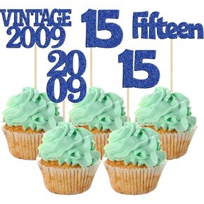 Gyufise 24Pcs 15th Birthday Cupcake Toppers Glitter Fifteen Vintage 2009 Sweet 15 Cupcake Picks Hello 15 Years Birthday Cake Decorations for Happy 15th Birthday Anniversary Party Supplies Deep Blue