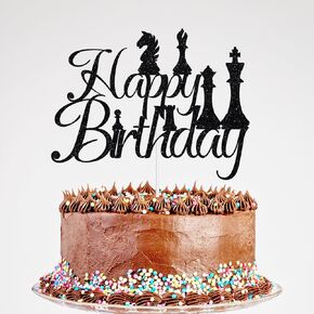 Glitter Happy Birthday Cake Topper - Funny Chess Birthday Cake Pick for Boy Girl, King Queen Birthday Party Cake Decorations Black