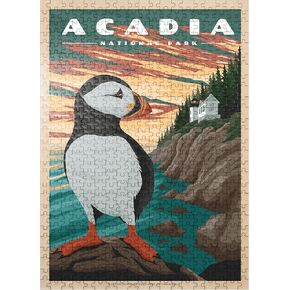 MyPuzzle Acadia National Park - Bass Harbor Puffins, Vintage Travel Poster - Premium 500 Piece Jigsaw Puzzle for Adults