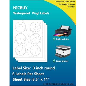 3 inch Printable Glossy White Circle Labels 120 Pcs Round Labels Waterproof Vinyl Sticker Labels for Inkjet or Laser Printer