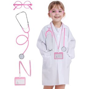 Doctor Costume Kids Lab Coat and Stethoscope Children Scientist Costume Dress Up Kit with ID Card Glass for Boy Girl