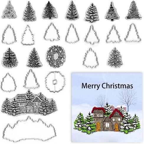 Christmas Trees Clear Stamps and Dies for Card Making, Christmas Wreath House Rubber Stamps Xmas Trees Frame Cutting Dies Sets for Scrapbooking Journaling Crafts Supplies in Saudi Arabia