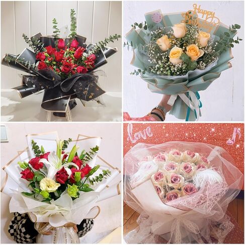 eageus 60 Sheets Floral Wrapping Paper, 6 Colors Waterproof Flowers Bouquet Packaging Paper with Gold Border Double Sided, Florist Packaging Supplies for Birthday Wedding(Fresh) in Saudi Arabia