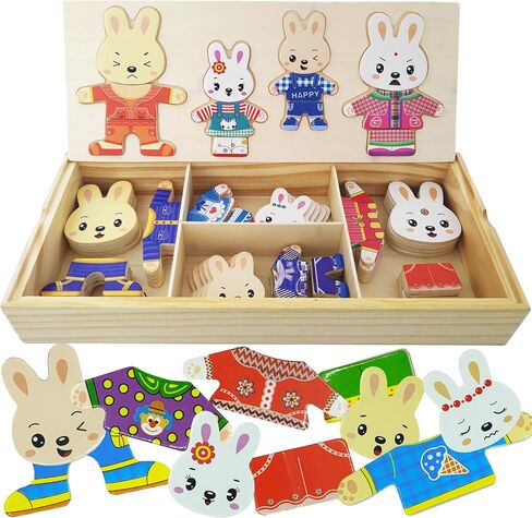 Wooden Bunny Family Dress-up Puzzle Box for Toddlers(72pcs),Change Clothes Puzzle Games, Preschool Learning Activities Toys for Kids Ages 3+ in Saudi Arabia