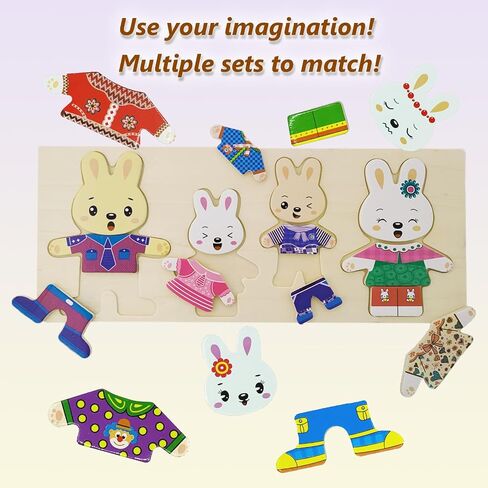 Wooden Bunny Family Dress-up Puzzle Box for Toddlers(72pcs),Change Clothes Puzzle Games, Preschool Learning Activities Toys for Kids Ages 3+ in Saudi Arabia