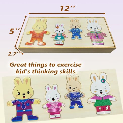 Wooden Bunny Family Dress-up Puzzle Box for Toddlers(72pcs),Change Clothes Puzzle Games, Preschool Learning Activities Toys for Kids Ages 3+ in Saudi Arabia