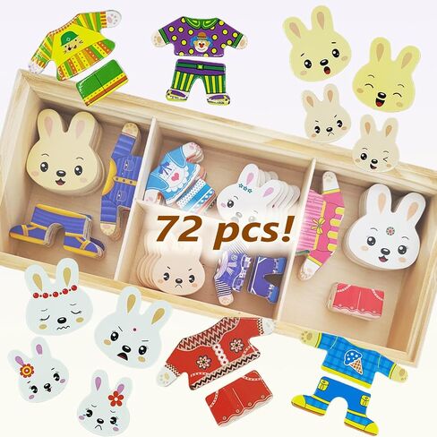 Wooden Bunny Family Dress-up Puzzle Box for Toddlers(72pcs),Change Clothes Puzzle Games, Preschool Learning Activities Toys for Kids Ages 3+ in Saudi Arabia