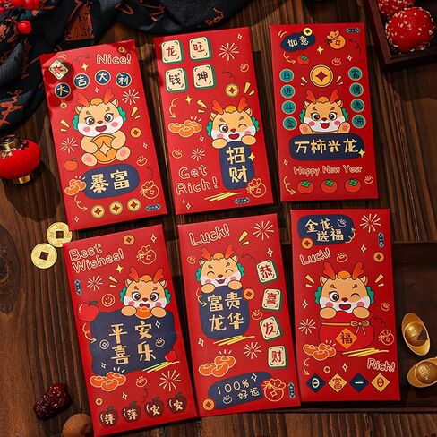 36PCS Chinese New Year Red Envelopes, The Dragon Year Hong Bao Lucky Money Packets with 12 Patterns Thick Chinese New Year 2024 Red Envelopes for Spring Festival (Chinoiserie Dragon) in Saudi Arabia
