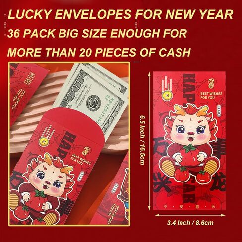 36PCS Chinese New Year Red Envelopes, The Dragon Year Hong Bao Lucky Money Packets with 12 Patterns Thick Chinese New Year 2024 Red Envelopes for Spring Festival (Chinoiserie Dragon) in Saudi Arabia