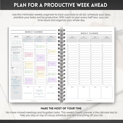 منظم مخطط أسبوعي وكل ساعة | الجدول الأسبوعي وقائمة المهام ومخطط الإنتاجية وإدارة الوقت - A5 Mono in Kuwait