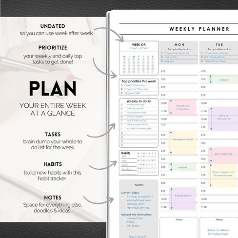 منظم مخطط أسبوعي وكل ساعة | الجدول الأسبوعي وقائمة المهام ومخطط الإنتاجية وإدارة الوقت - A5 Mono in Kuwait