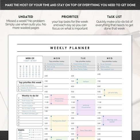 منظم مخطط أسبوعي وكل ساعة | الجدول الأسبوعي وقائمة المهام ومخطط الإنتاجية وإدارة الوقت - A5 Mono in Kuwait